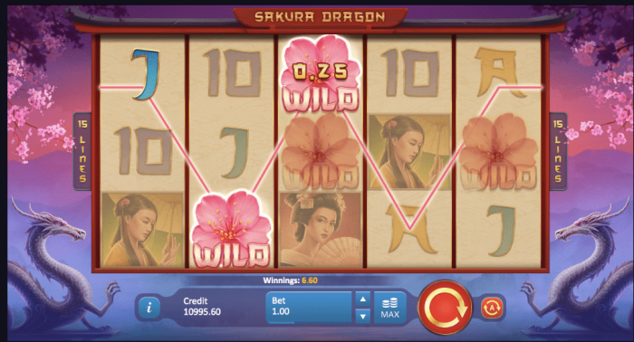 Gameplay and wild symbols that fell on the reels of Sakura Dragon slot.