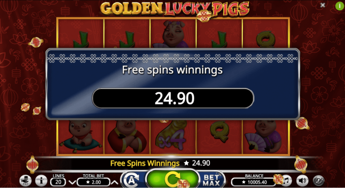 Big win during Free Spins round in Golden Lukcy Pigs slot game.