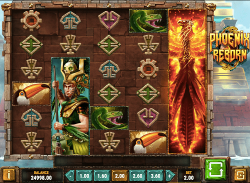 Gameplay still from the Phoenix Reborn slot, featuring Aztec inspired visuals.