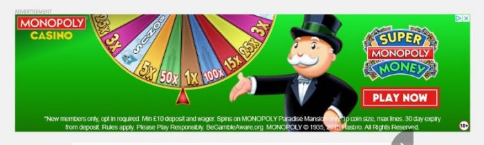 A screenshot of a gambling ad that features the Monopoly board game mascot.