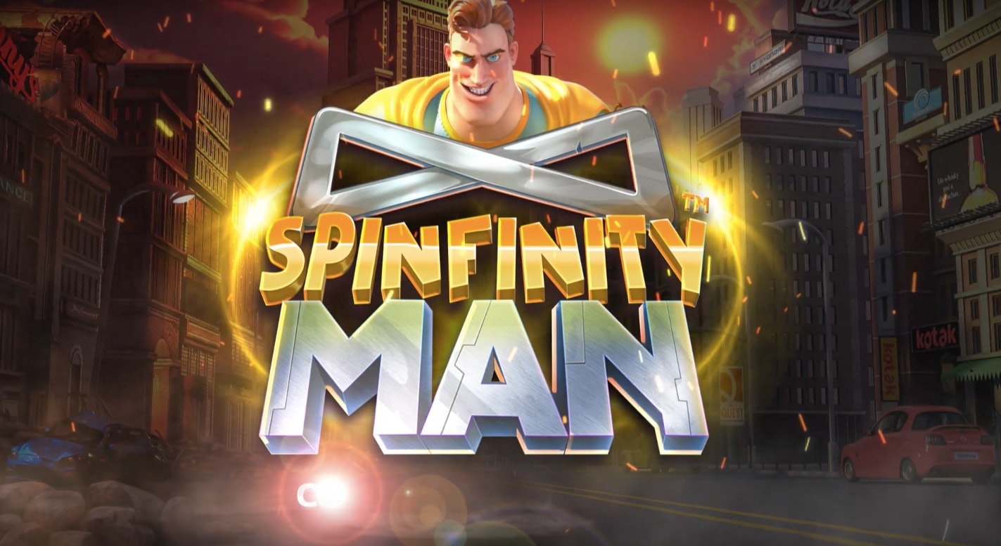 Spinfinity Man slot game with 7 reels and 7 rows centers around a superhero fighting a villian named Mr. X.