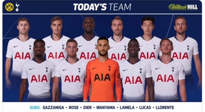 The photo of the starting line-up with a William Hill logo, published by Tottenham Hotspurs.