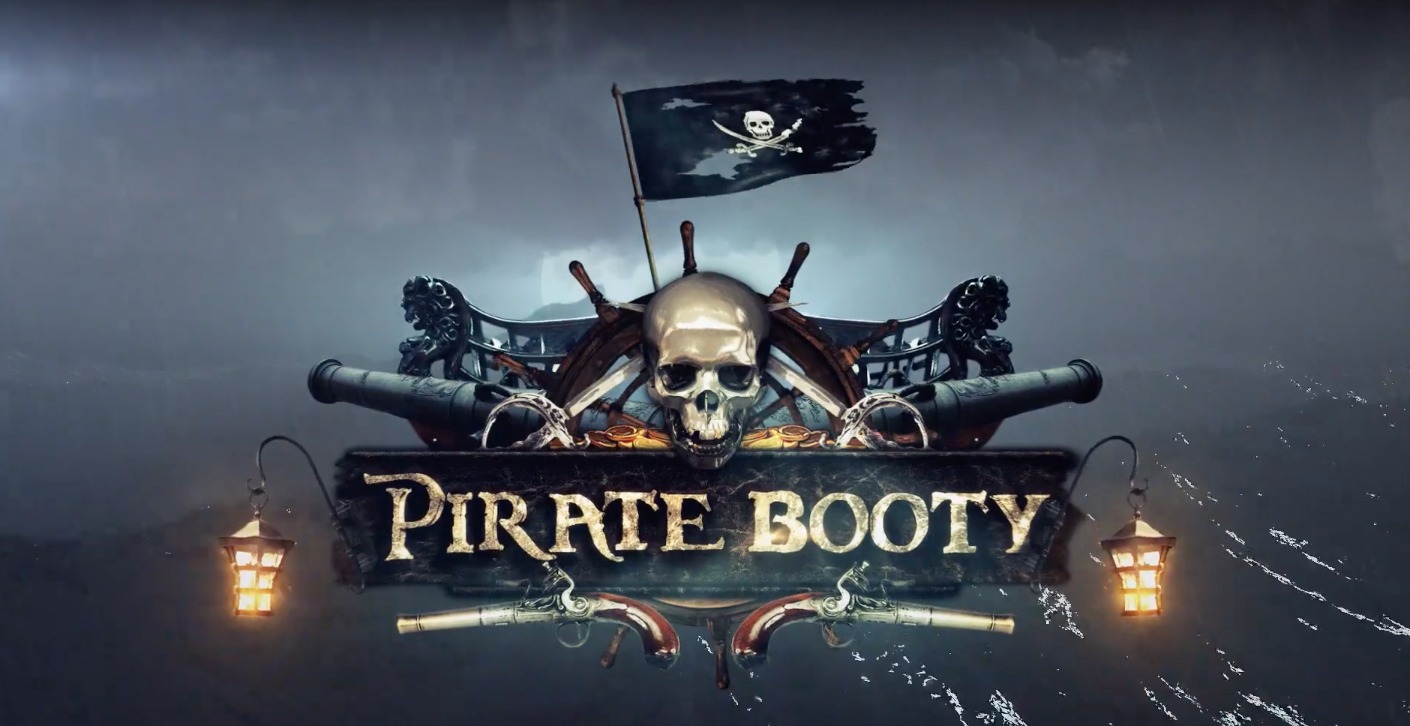 Logo of the Pirate Booty slot game, which resembles a skull, guns and a pirate ship.