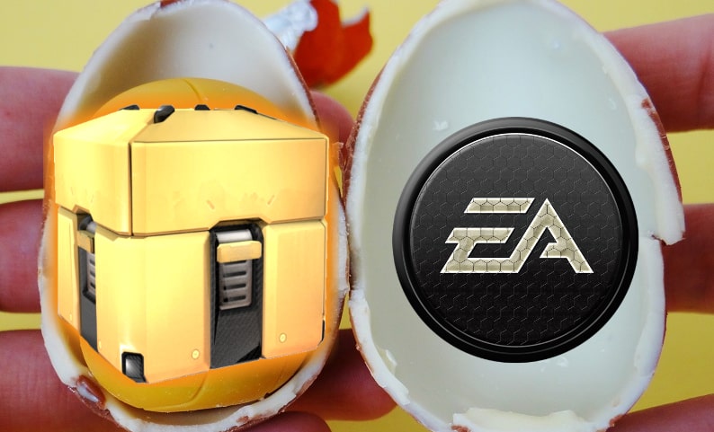 An opened Kinder Egg reveals a loot box, which is how EA Games sees the issue of gambling in video games.