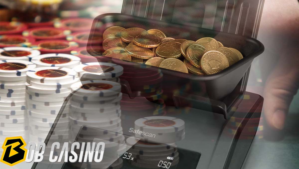 Counting coins converted from chips on scales in casino