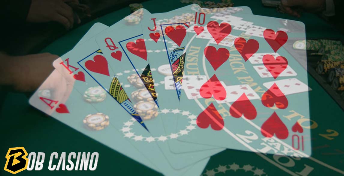 Royal Flush Cards and chips on the poker table