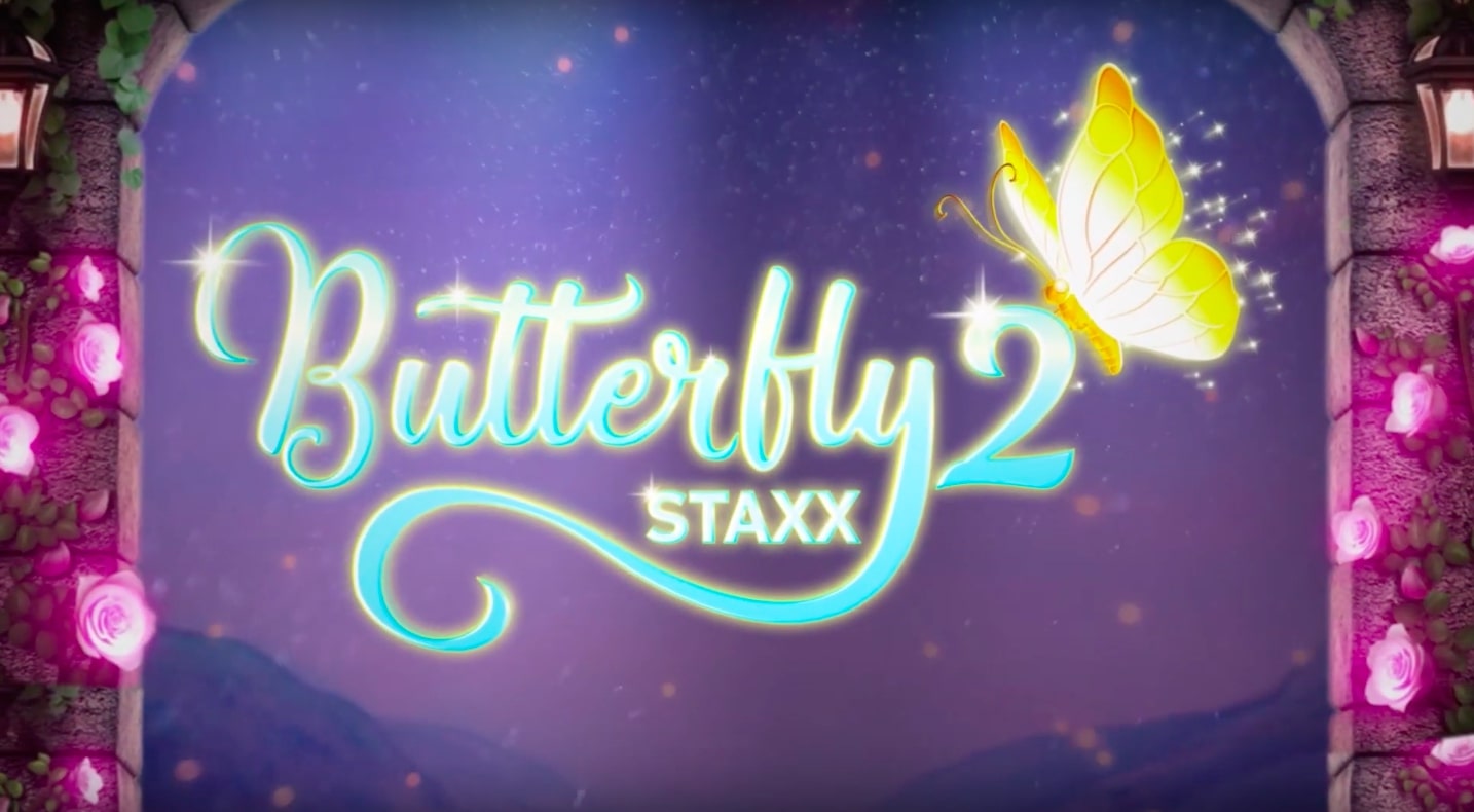 A cute butterfly and a whimsy logo of the Butterfly Staxx 2 slot, featured in a Bob Casino review.