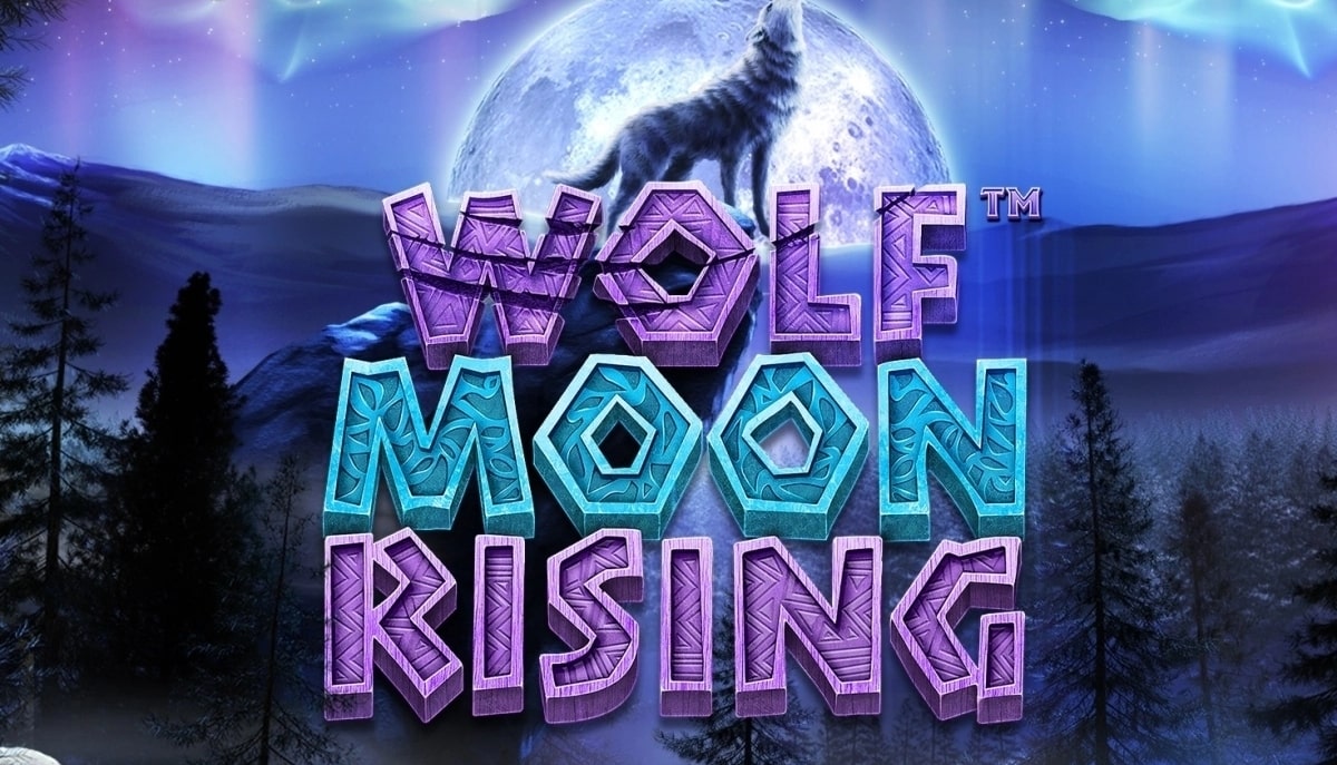 Proud wolf howling at the moon in the logo of the Wolf Moon Rising slot.