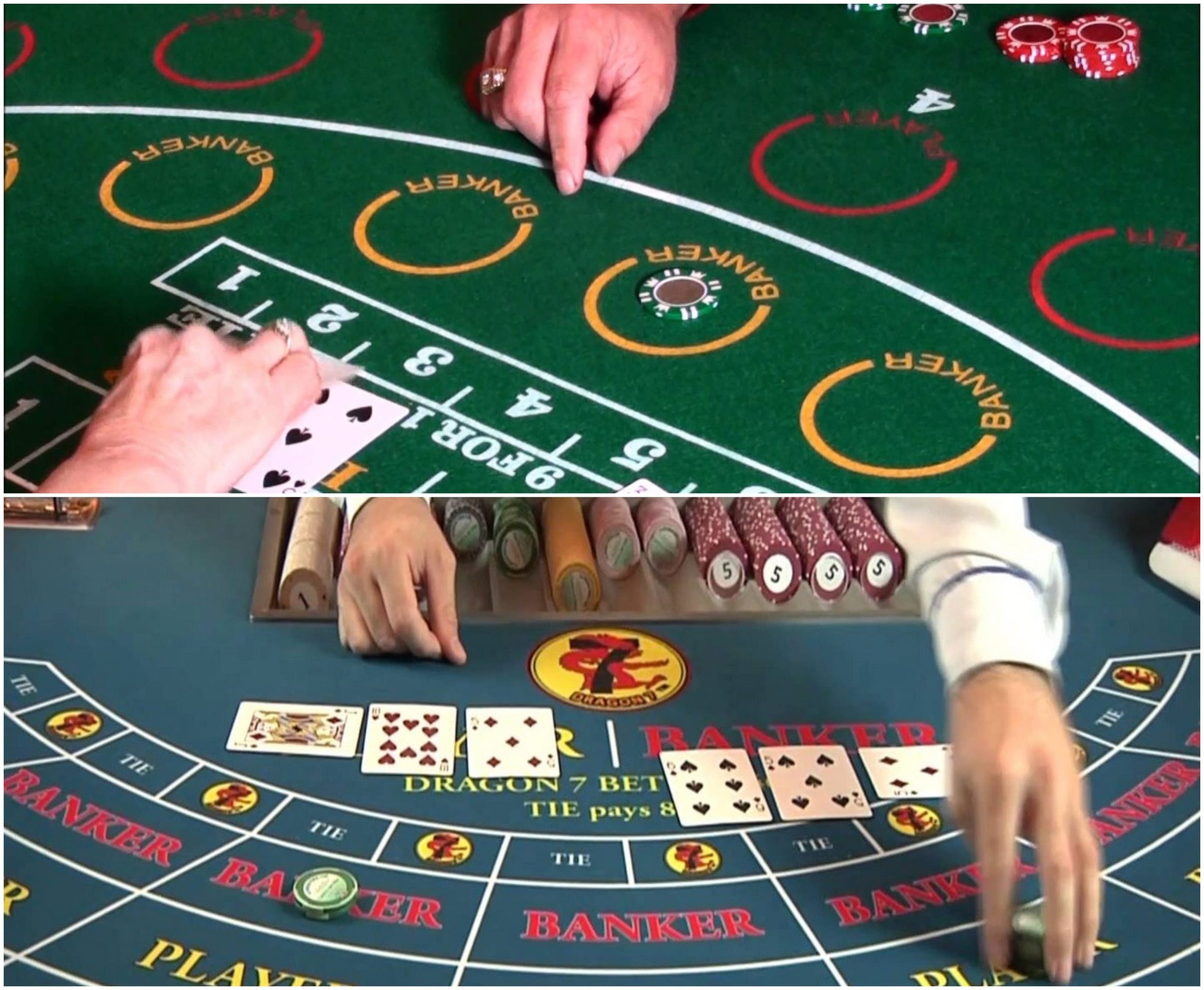 Hands reaching for Dragon bets and counting cards on the Baccarat table.