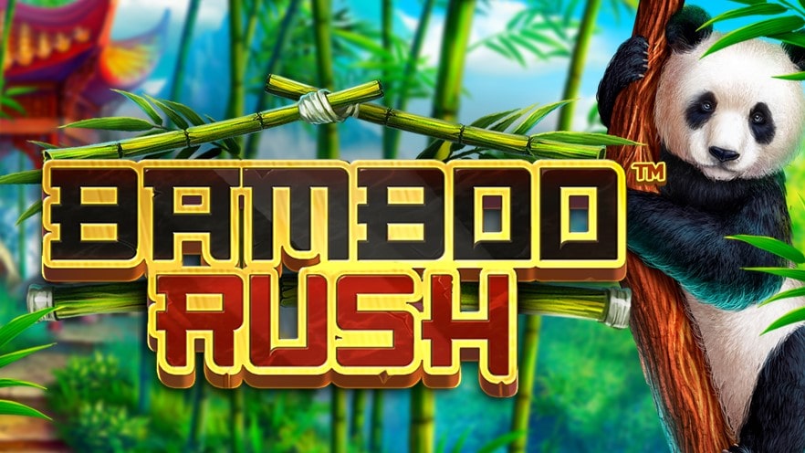 A cute panda hanging over the Bamboo Rush slot logo.