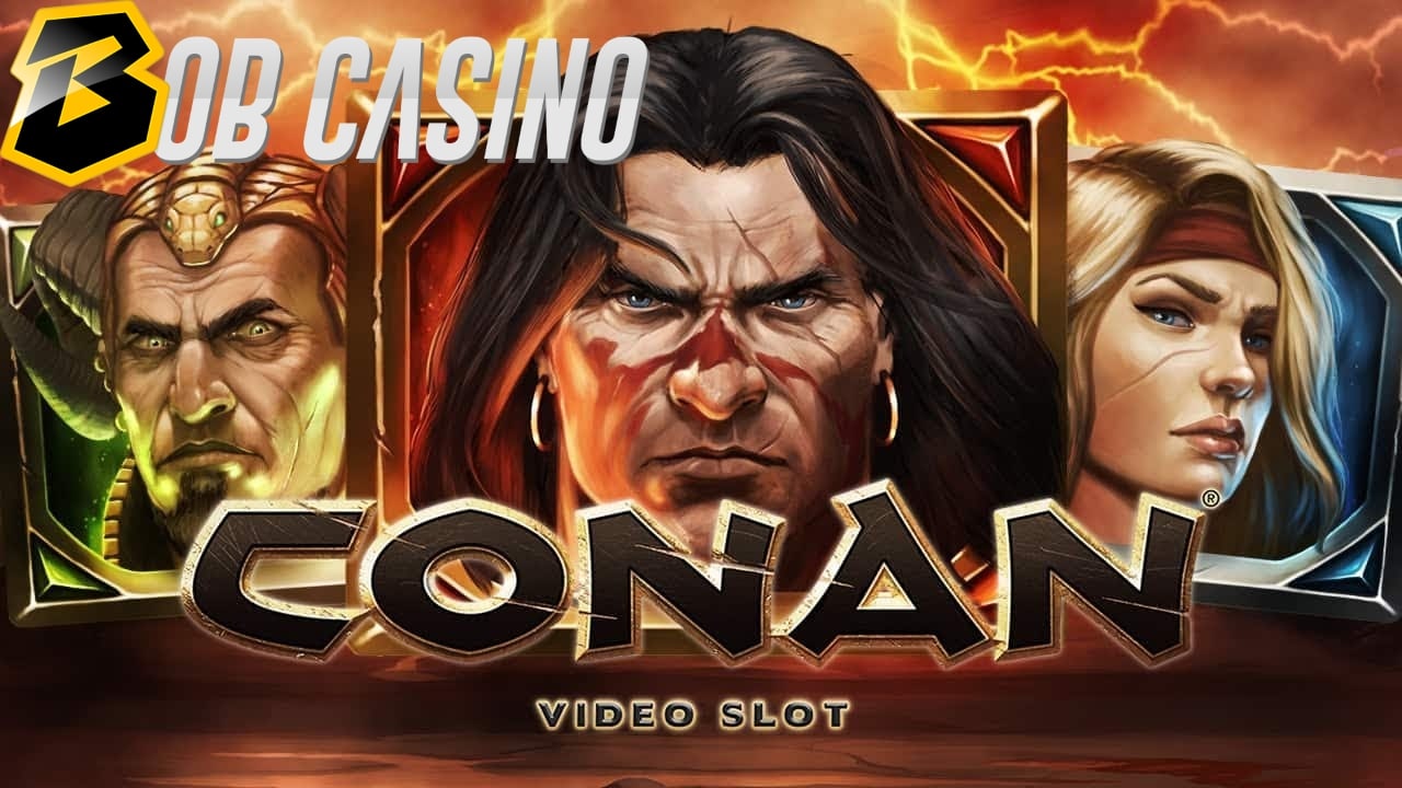 Three main characters of the new Conan video slot from NetEnt glancing at our review.