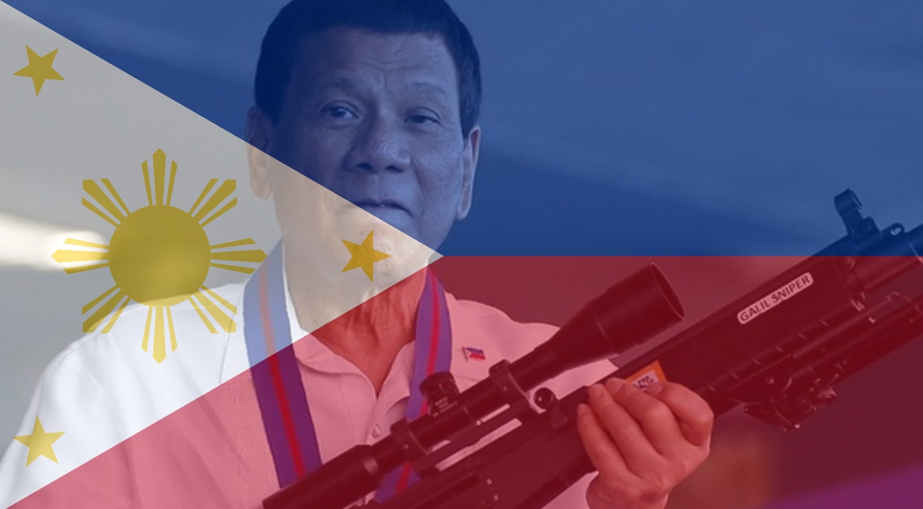 Rodrigo Duterte holding a rifle, refusing to curb online gambling in the Philippines.