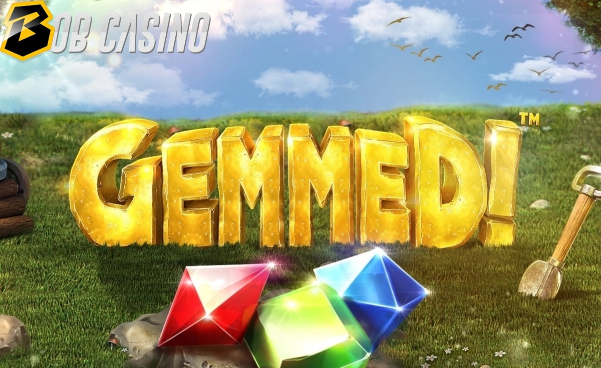 Gemmed! slot logo with a shovel and shiny gems on display.