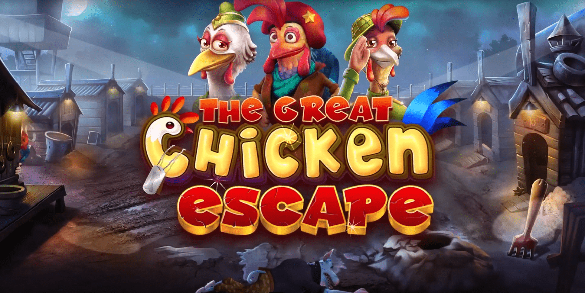 POW hostage chickens posing on a logo of The Great Chicken Escape slot game.