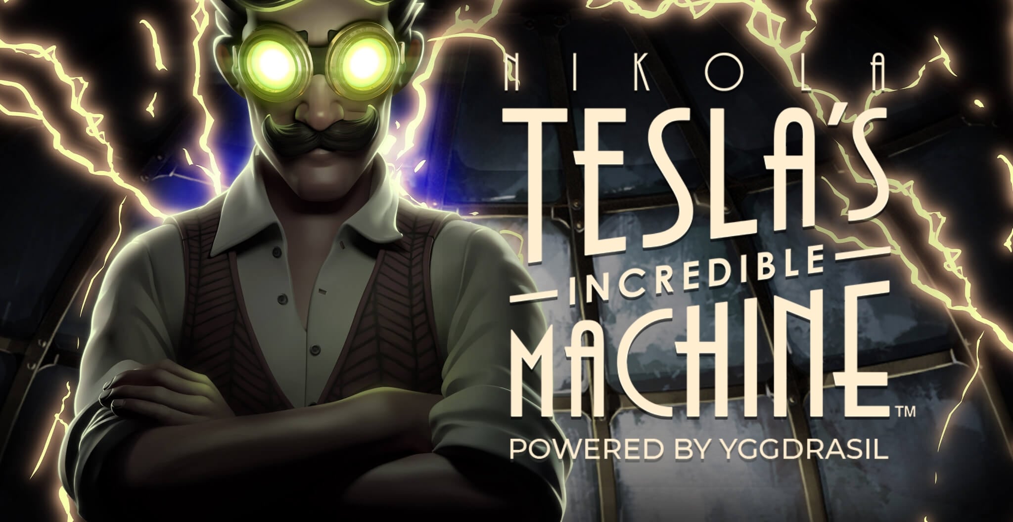 Animated Nikola Tesla standing on the cover of Nikola Tesla's Incredible Machine slot review.