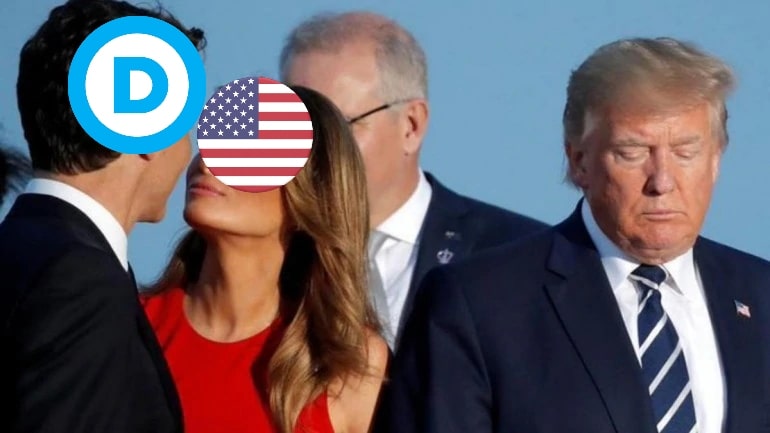 Trump looking sad as Melania appears to be kissing the democratic party in a meme format.