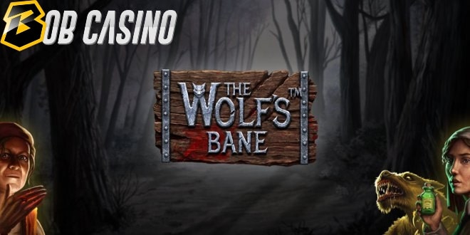 The Wolf's Bane slot logo surrounded by a dark forest, right on time for Halloween.