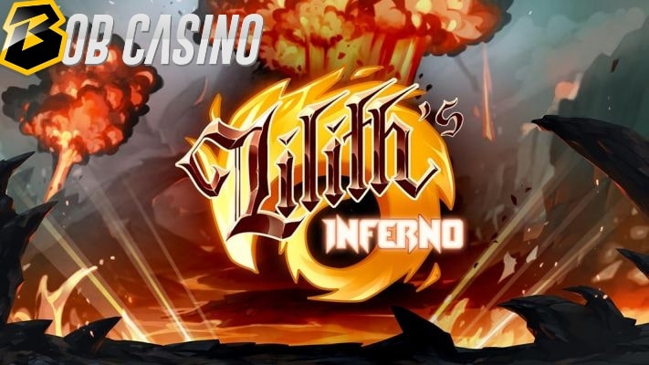 Lilith's Inferno slot logo situated among the ruins that are set ablaze.