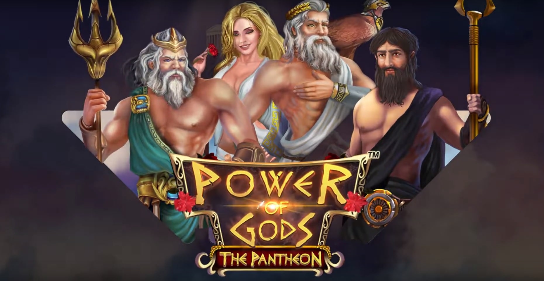 Ancient Greek gods standing in the logo of the Power of Gods: The Pantheon slot from Wazdan.