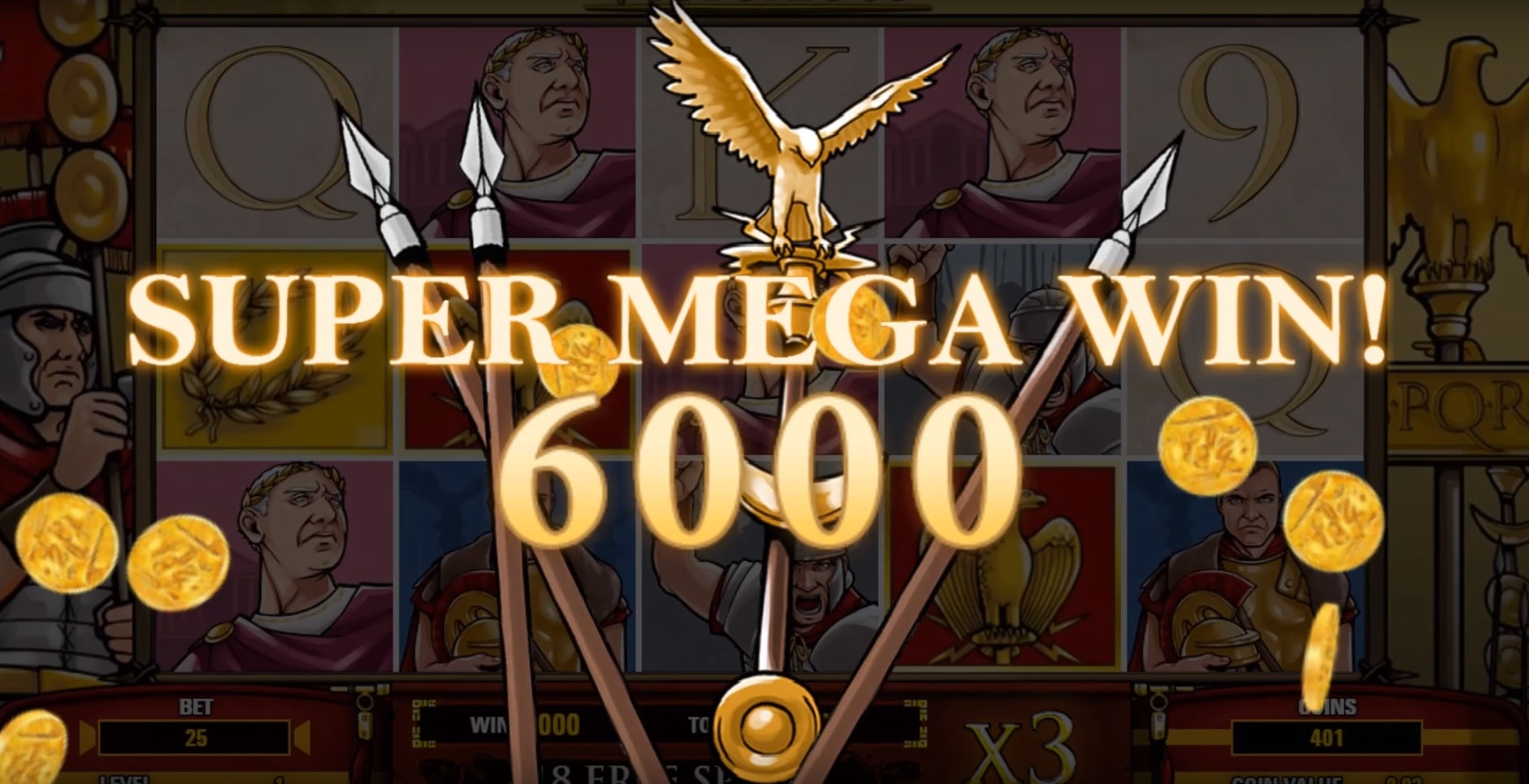 Roman spears behind the Super Mega Win in the Victorious Max slot.