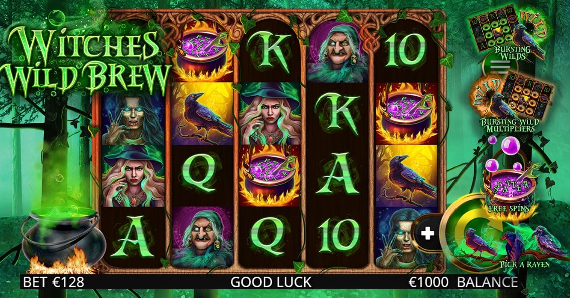 The grid of the Witches Wild Brew slot from Booming Games, one of the essential Halloween slots.