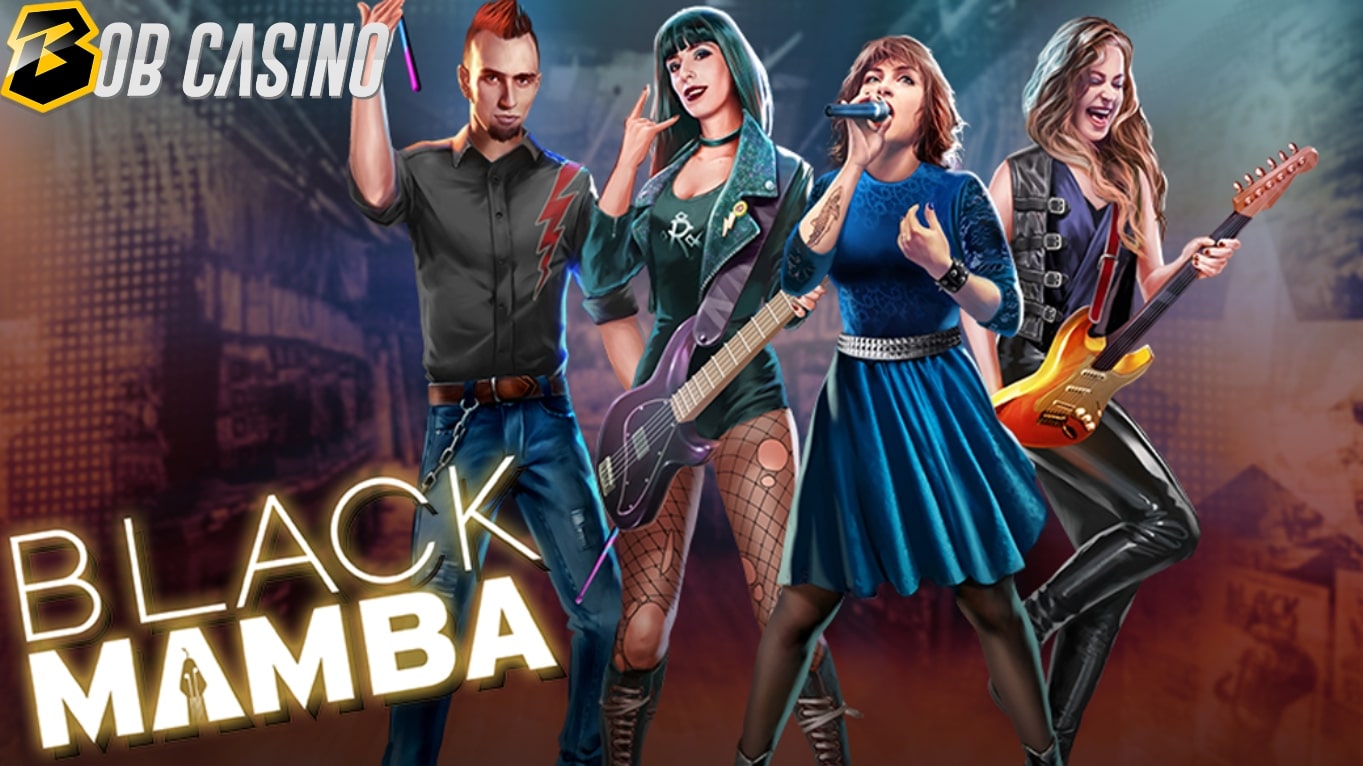 Band members of the Italian band Black Mamba on the logo their branded slot reviewed on Bob Casino.