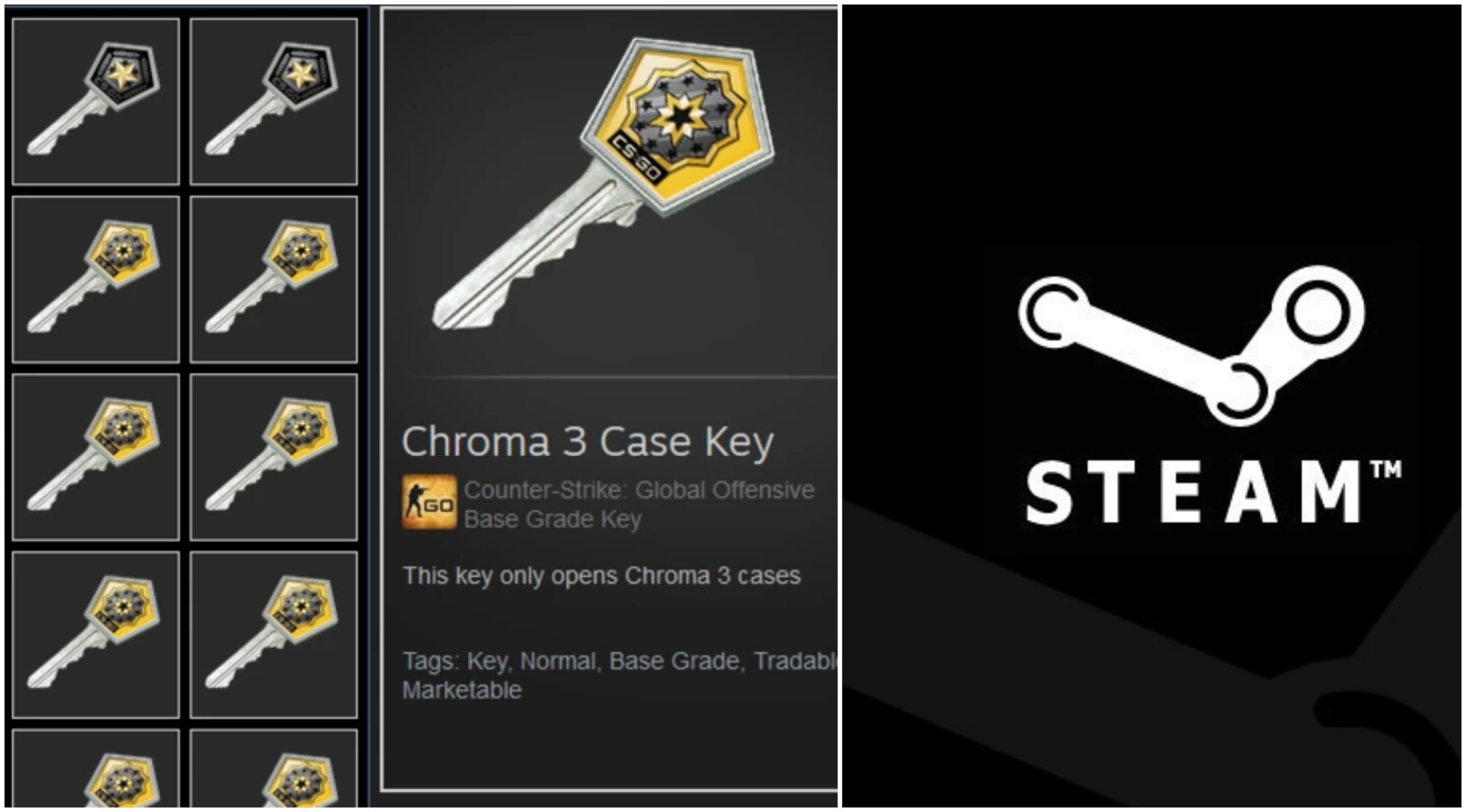 CS:GO loot box keys displayed in Steam Community, which trading is now banned by Valve.