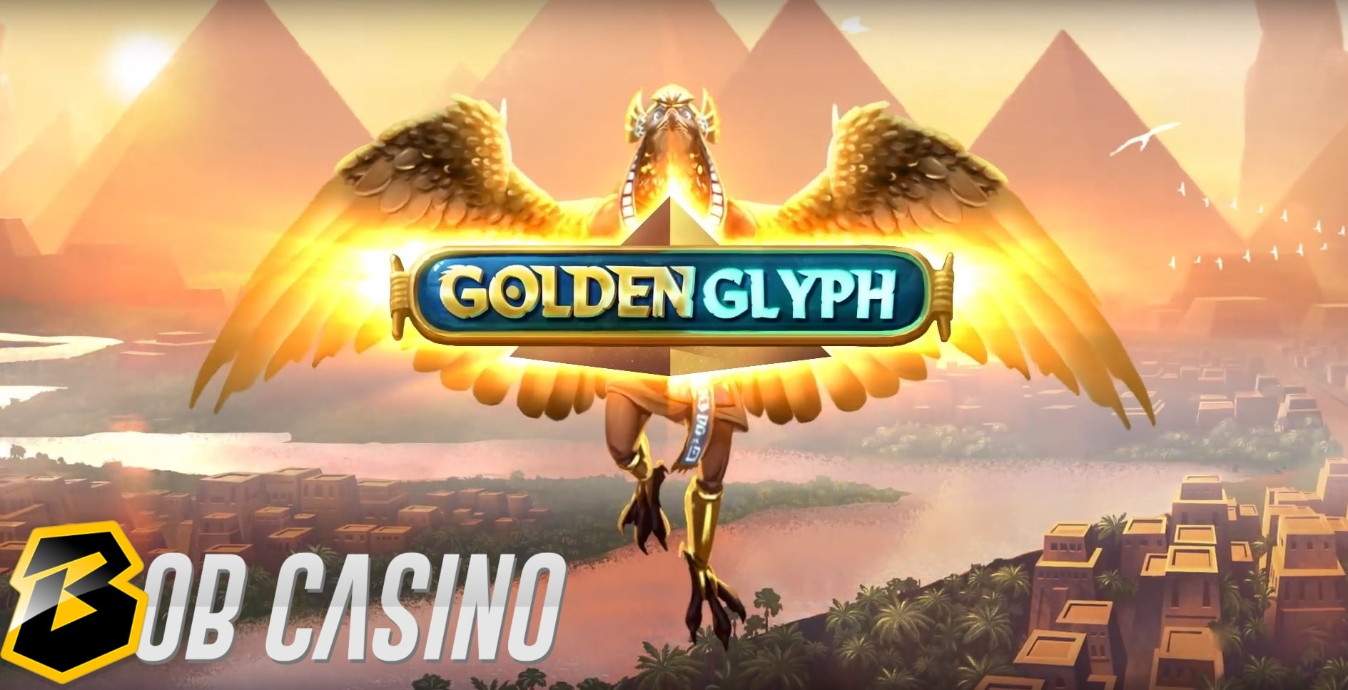 Ancient Egypt background and the glyph in the Golden Glyph slot logo from Quickspin.