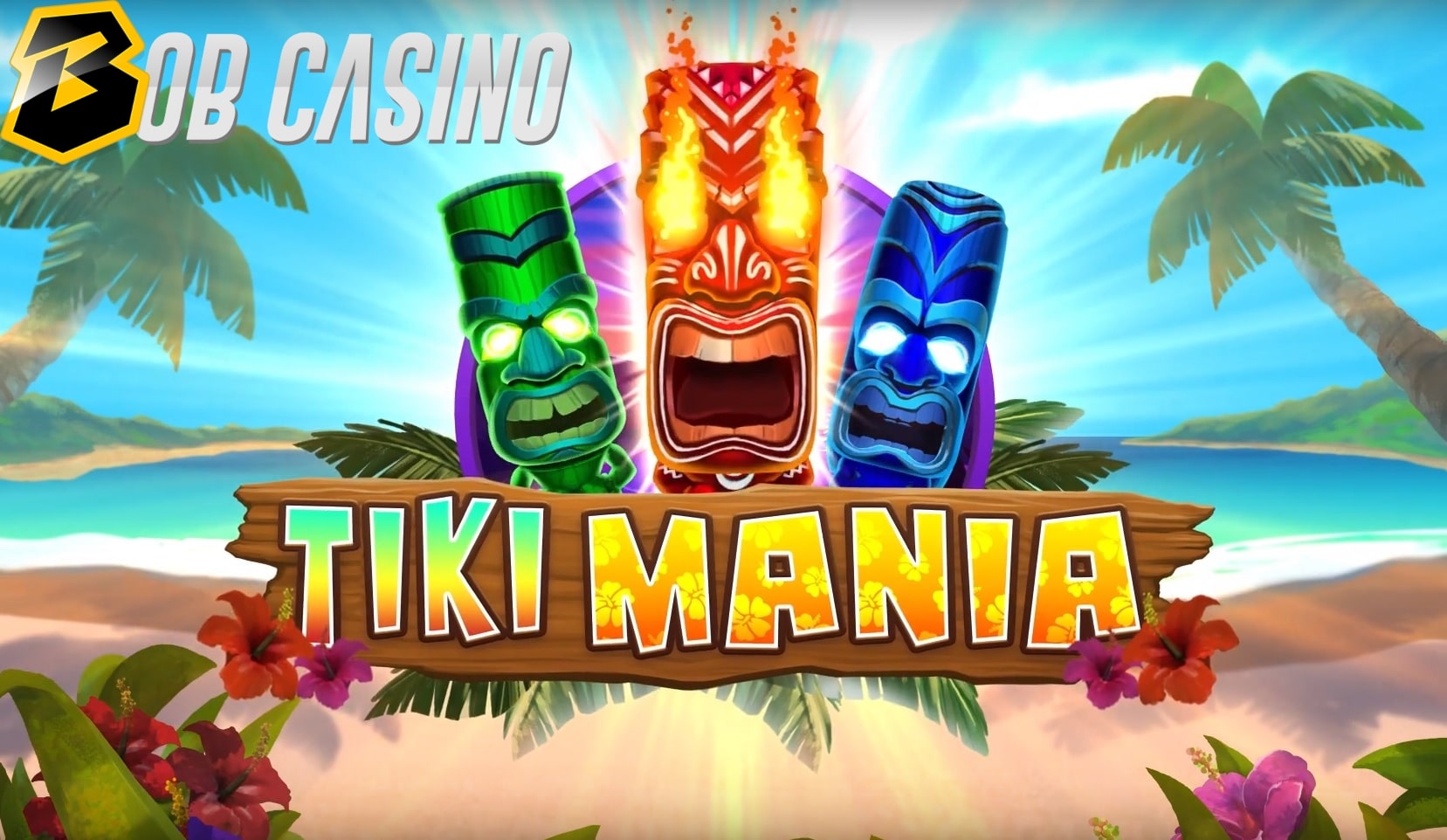 Fiery tikis on the logo of the Tiki Mania slot from Microgaming.