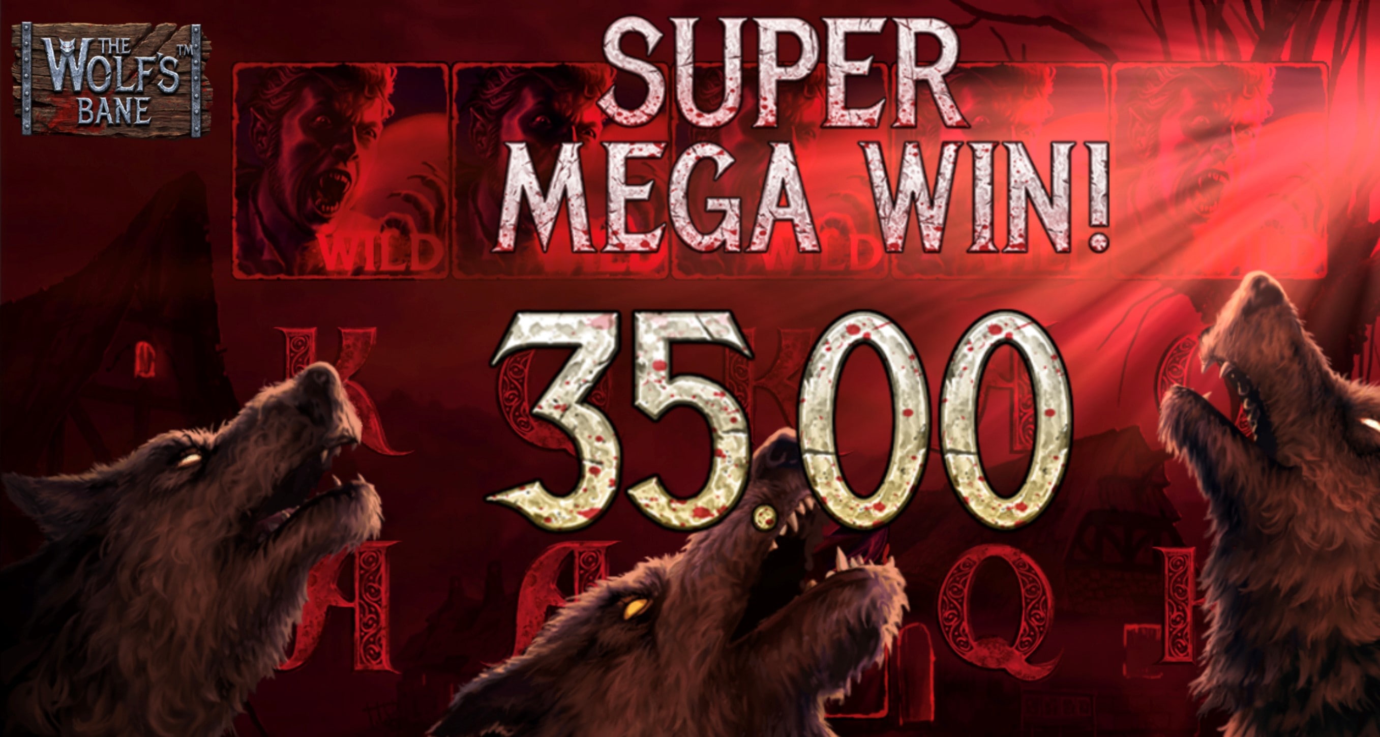 Bloody red screen of the Wolf's Bane slot's super mega win, fitting to horror theme of Halloween