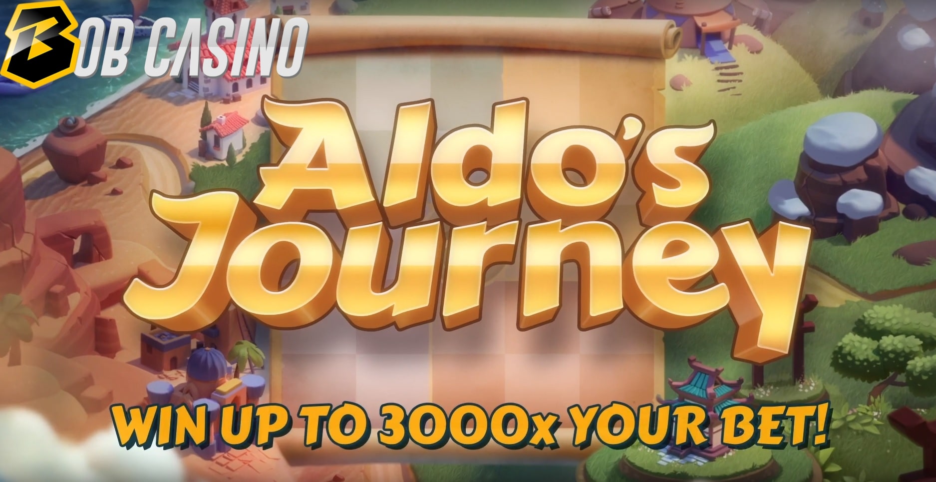 Aldo's Journey slot logo from Yggdrasil that invites players to win up to 3000 times their bets.