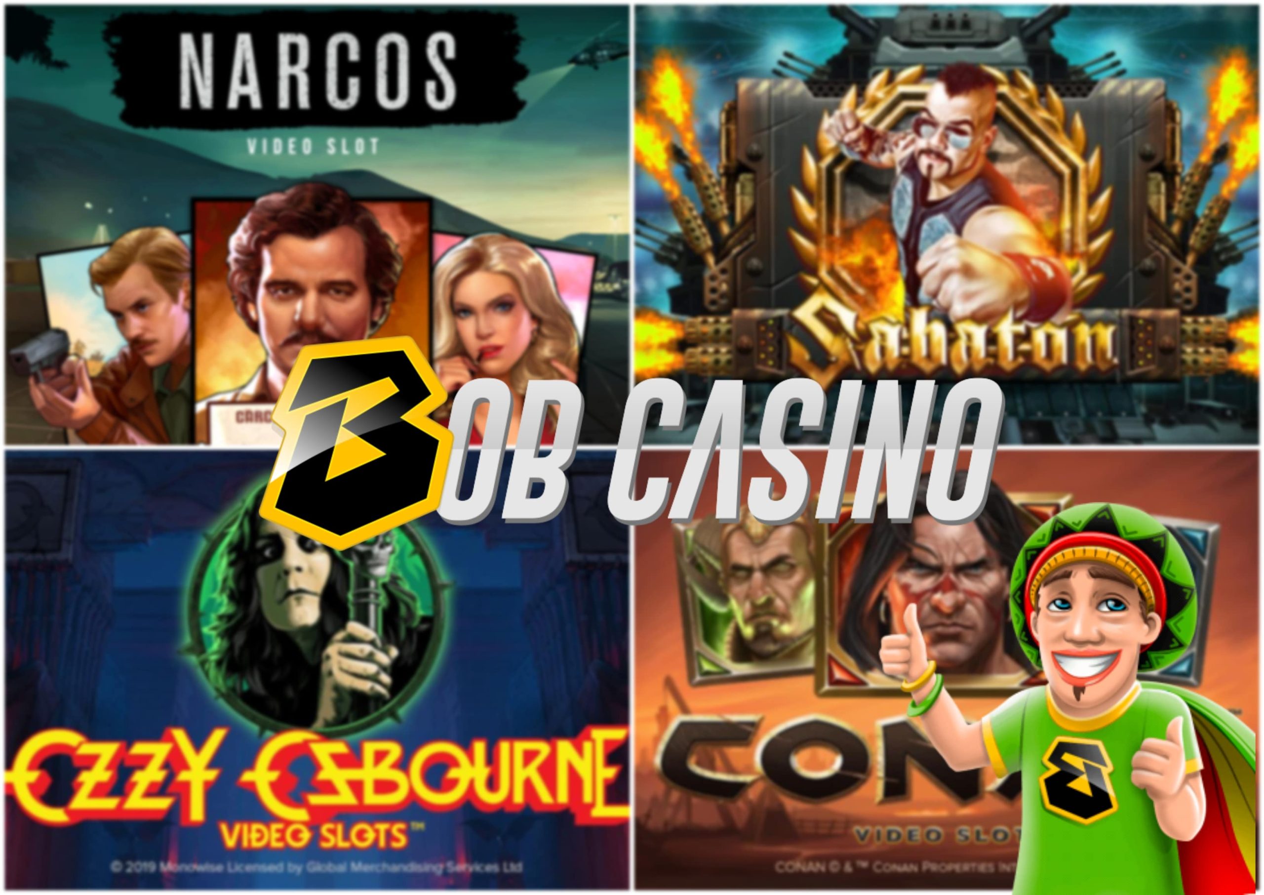 The logos of the top 6 branded slot games of 2019, as listed on Bob Casino.