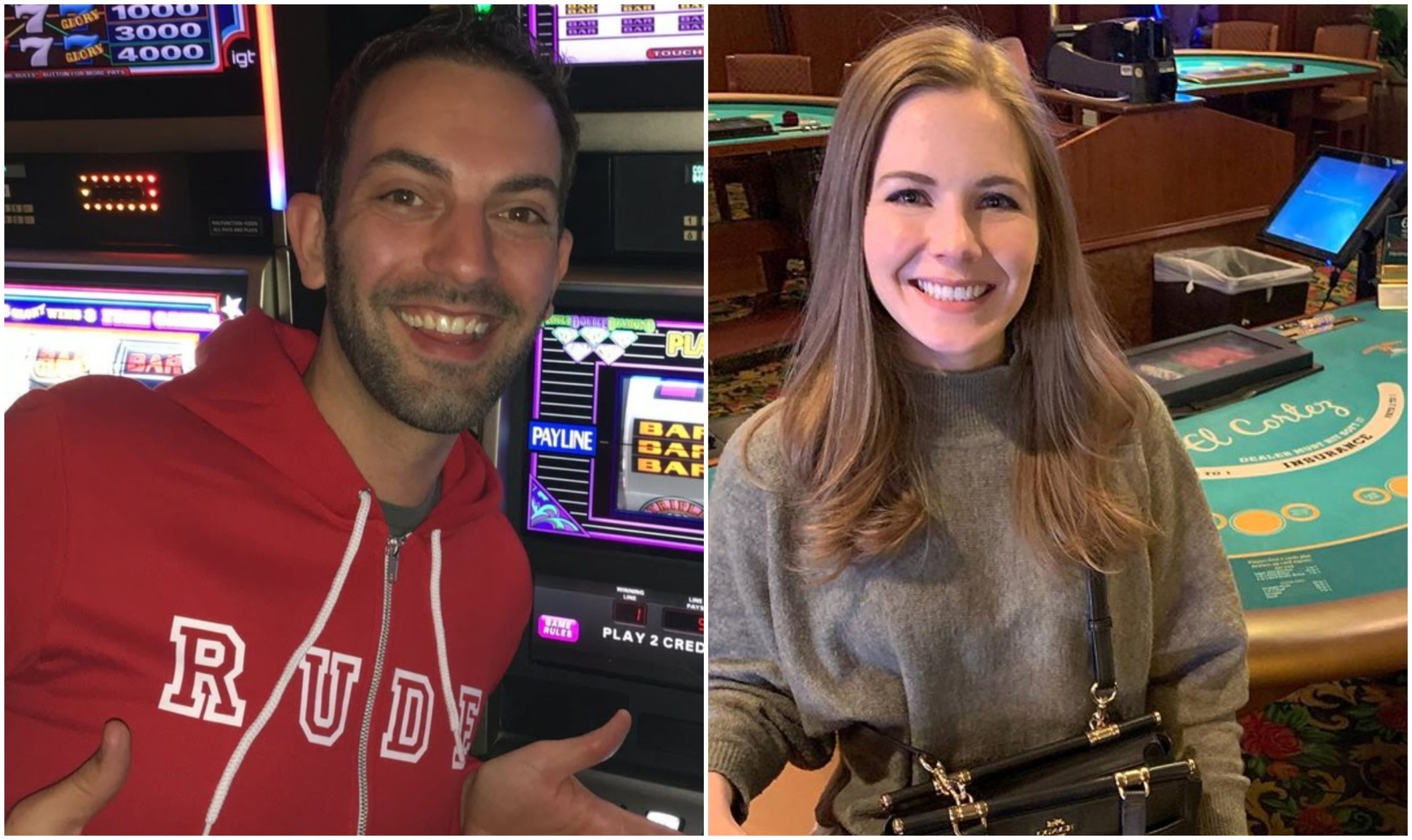 Brian Christopher in front of a slot machine and Sarah Slotlady in front of a Blackjack table.