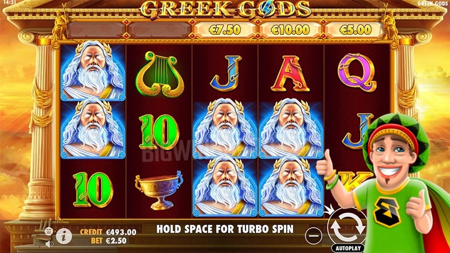 The reels of the Greek Gods slot reviewed on Bob Casino.