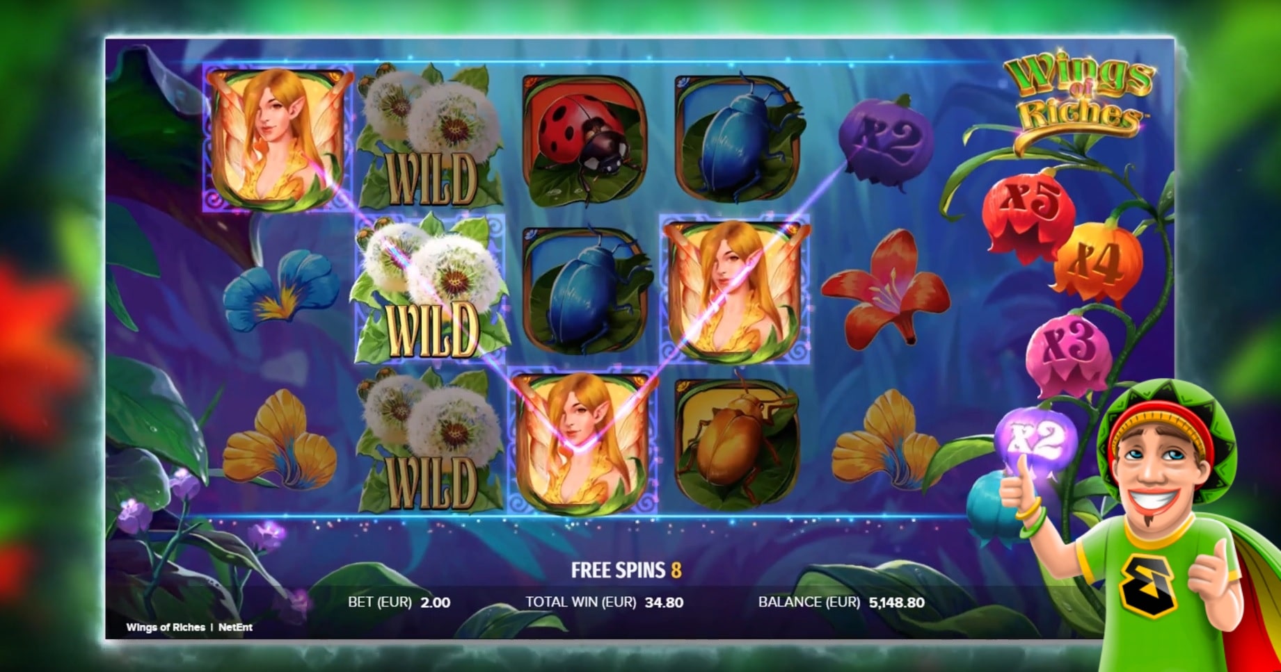 The reels in the Wings of Riches slot in a review from Bob Casino.