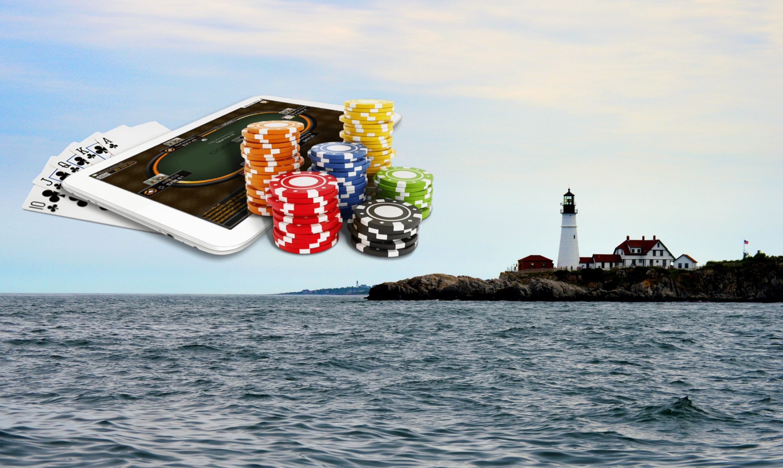 The Nubble Light with casino chips and cards, representing online gambling legalization in the state