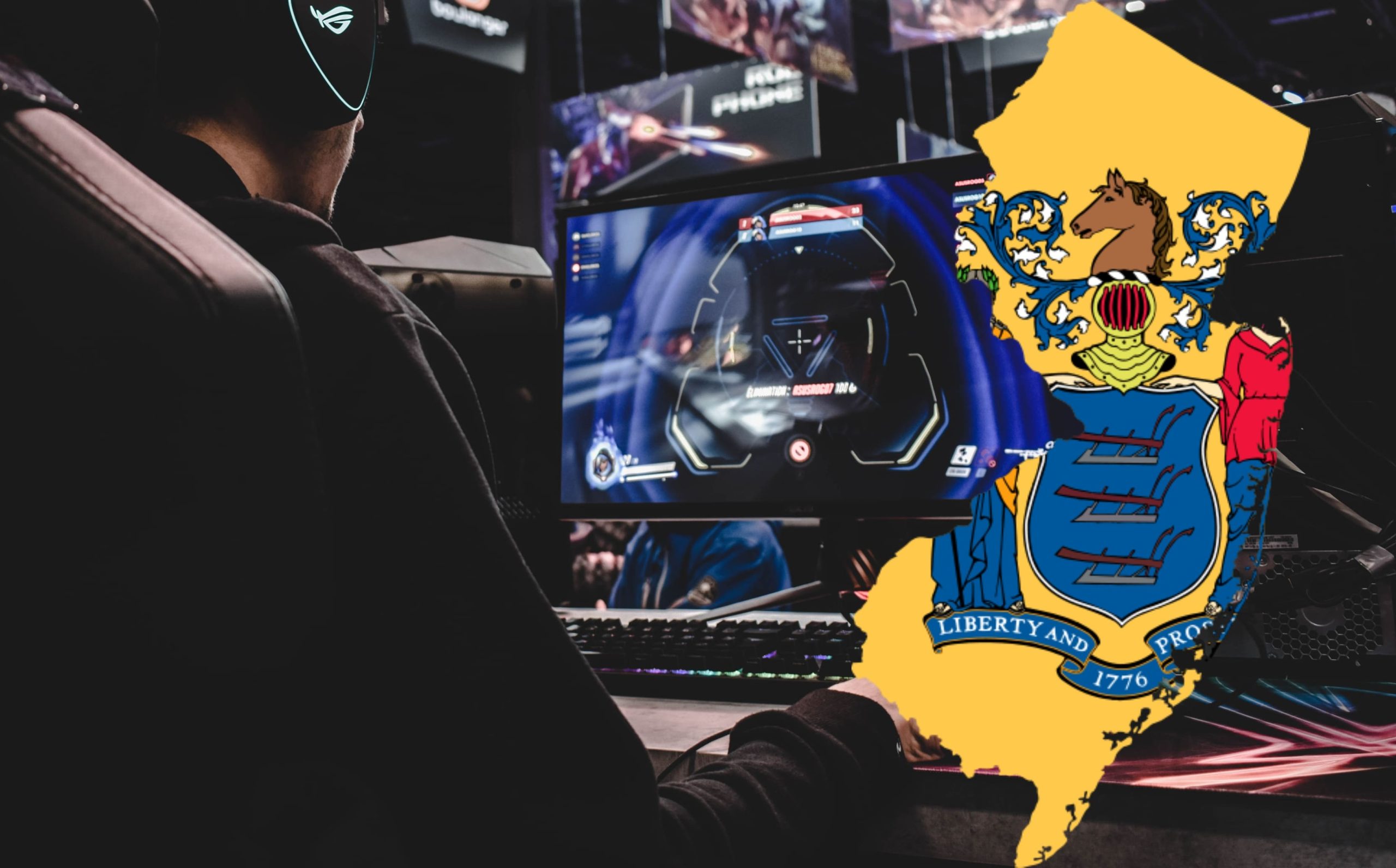 Map of New Jersey in front of eSport gamer.