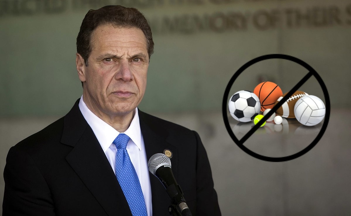 Annoyed-looking Andrew Cuomo postponing online sports betting in New York.