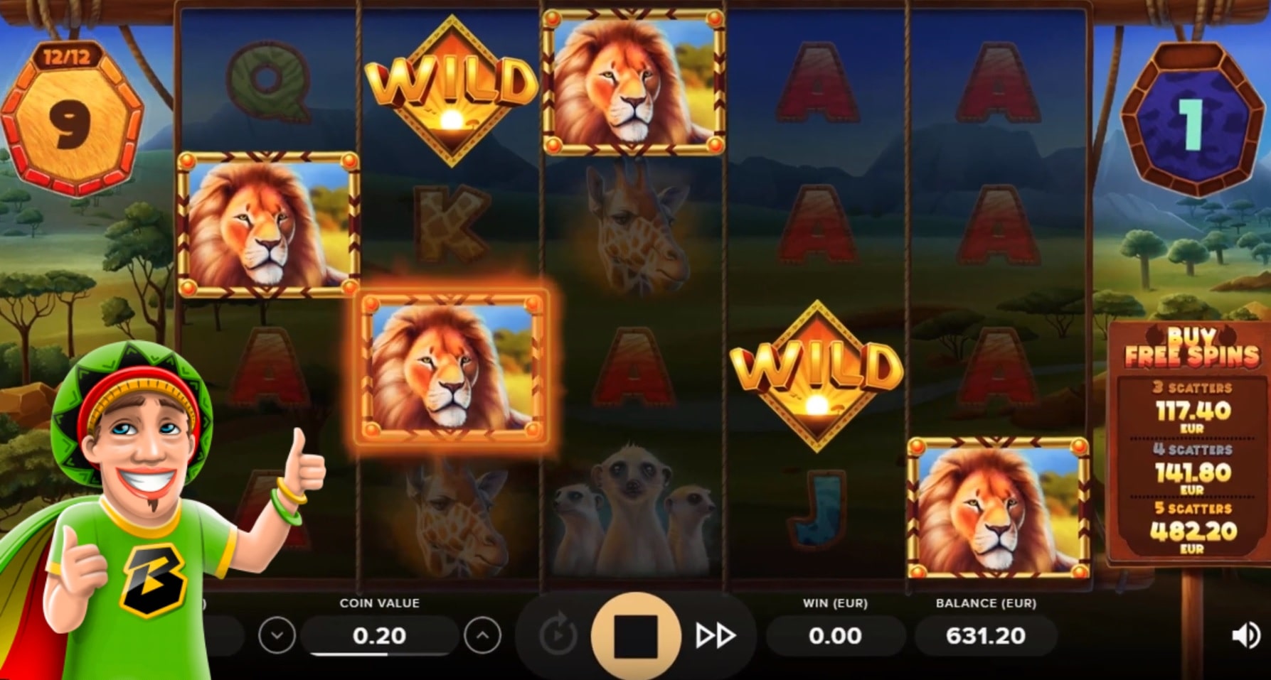 Lions and wild symbols on the reels of the Serengeti Kings slot.