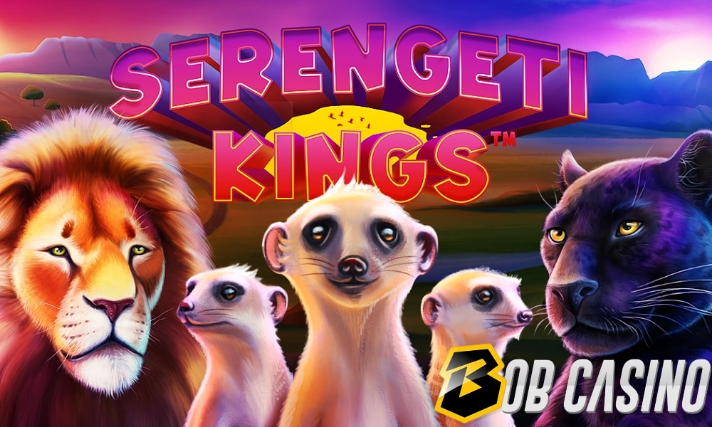 Meerkats, lion and a panther on the logo of Serengeti Kings slot.