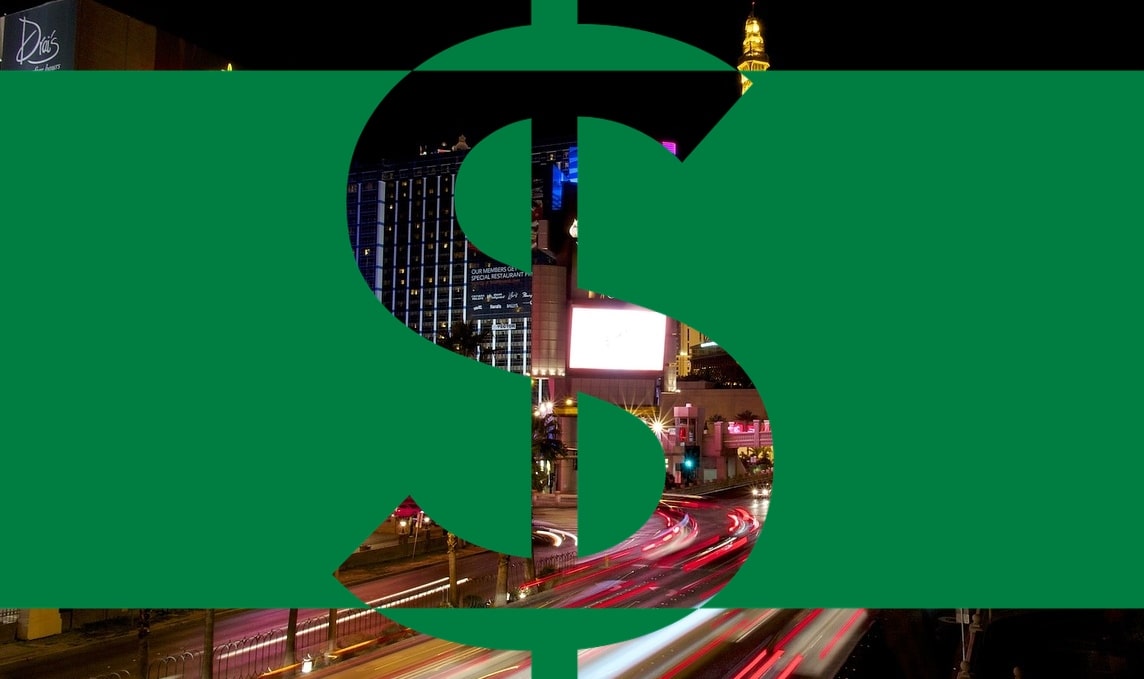 Dollar sign with casinos in the background, indicating the coming industry rise.