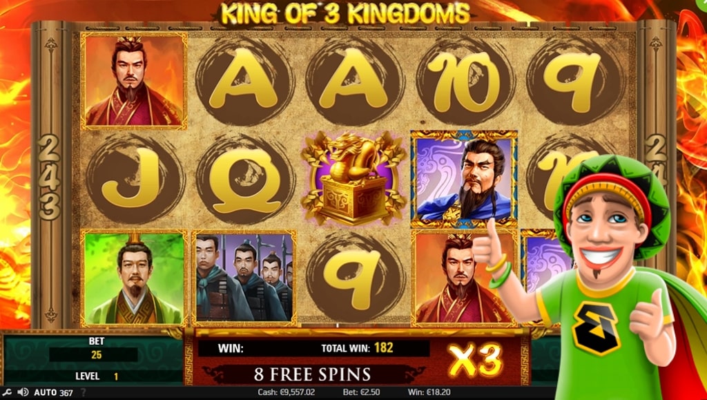 NetEnt's King of 3 Kingdoms slot reels and free spins.