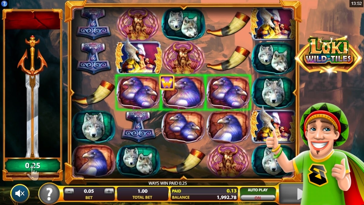 Gameplay, surface and reels of the Loki Wild Tiles slot.