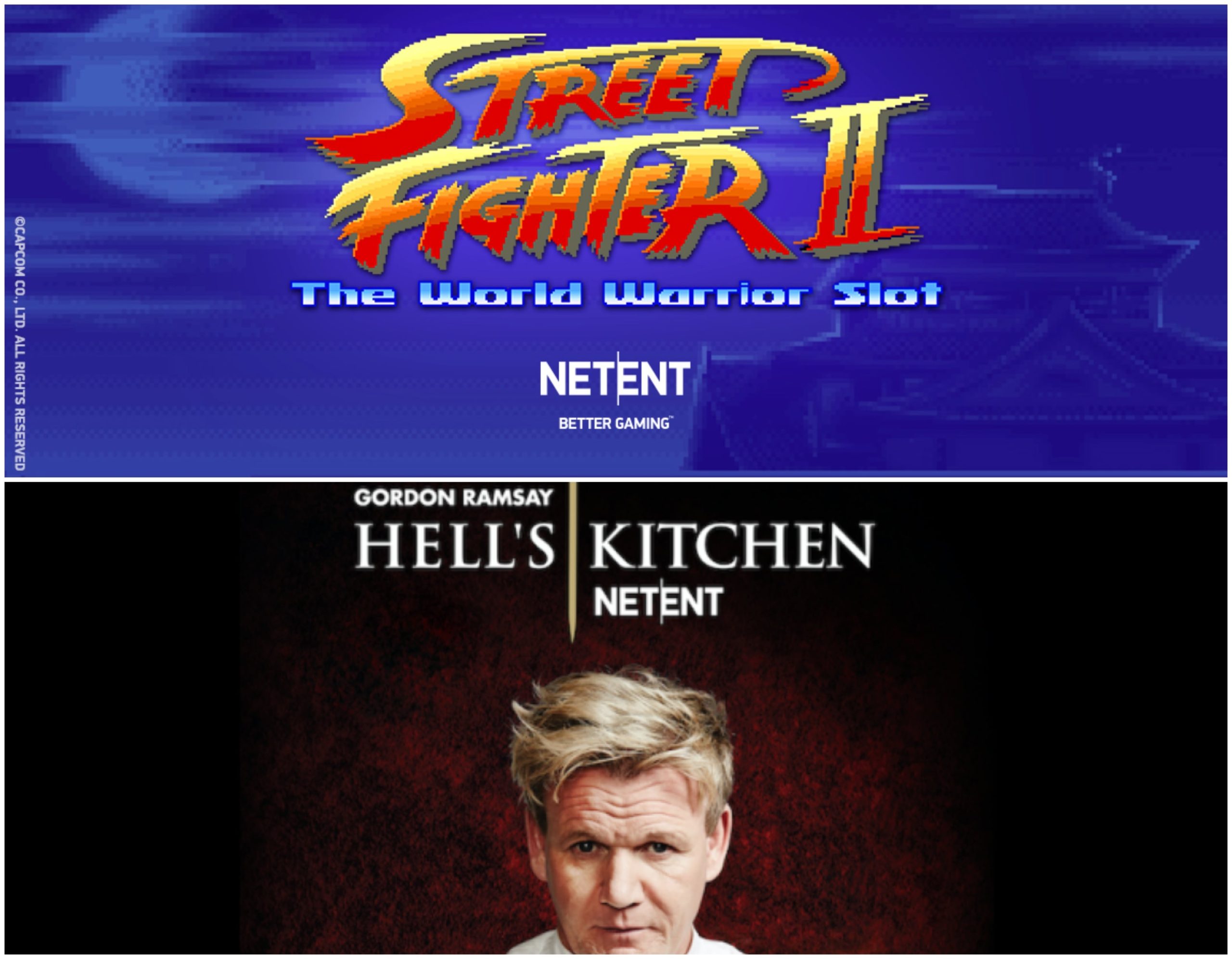 Logos of Hell's Kitchen and Street Fighter 2 slot games from NetEnt.