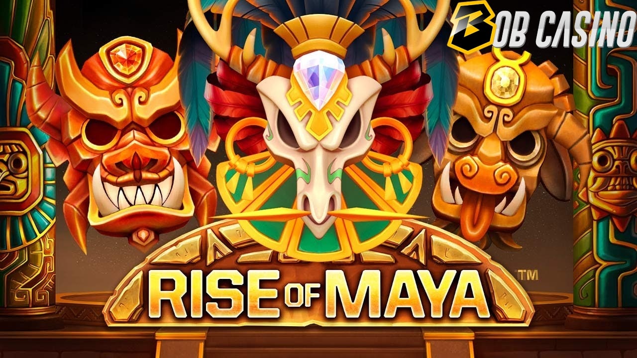 The logo of Rise of Maya slot from NetEnt, featured in Bob Casino review.