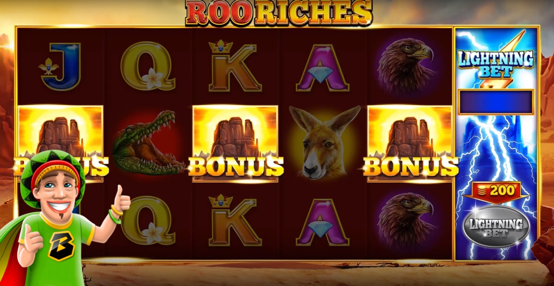 A screenshot of the Roo Riches slot reels with casino bonuses.