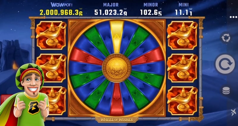 The wheel and reels of the Wheel of Wishes slot.