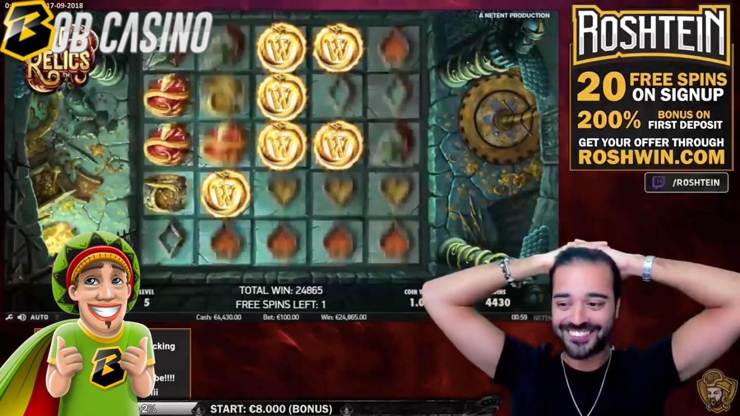 Roshtein celebrating a big win in the Lost Relics slot in a Twitch stream.