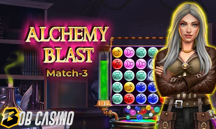 Alchemy Blast slot logo and title screen in the Bob Casino review.