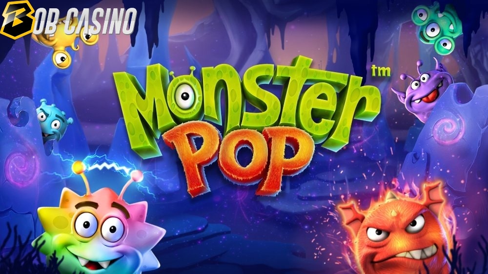 Betsoft's Monster Pop slot logo in a review from Bob Casino.